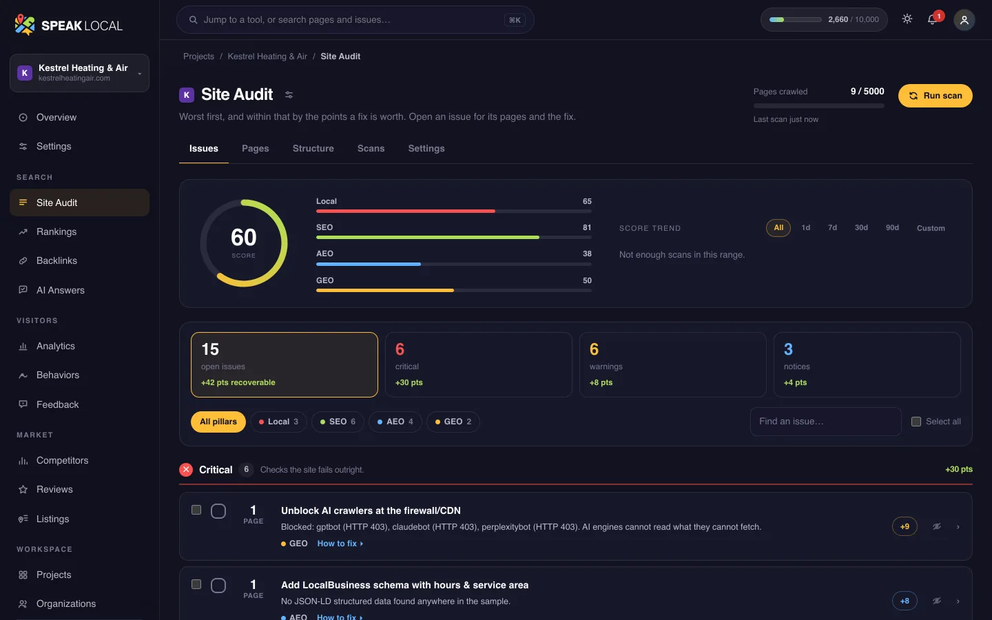 The Site Audit screen in Speak Local, for an example heating and air company