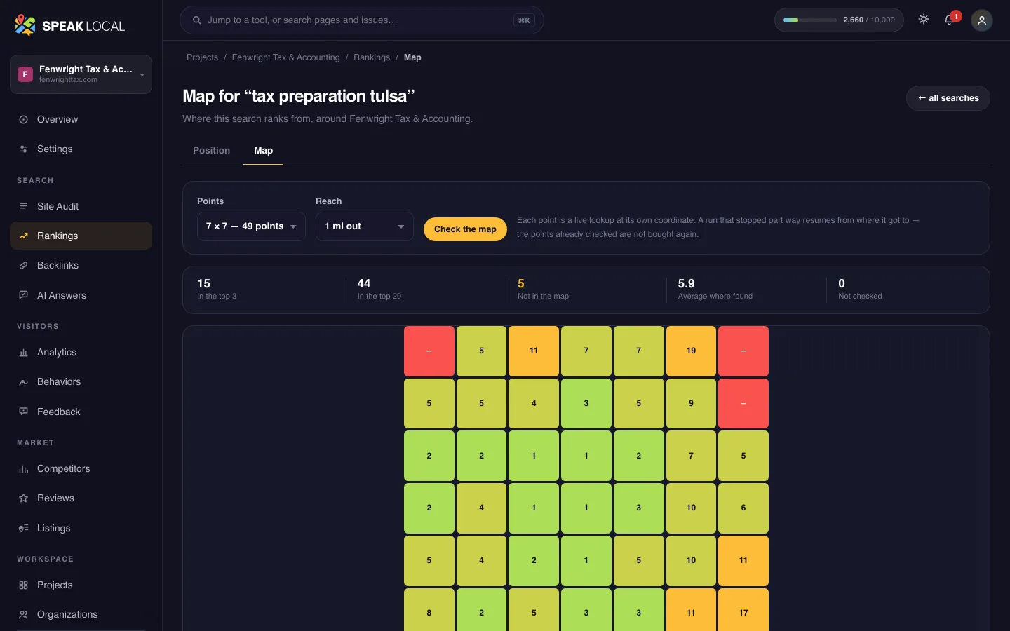 The Map grid screen in Speak Local, for an example tax and accounting firm