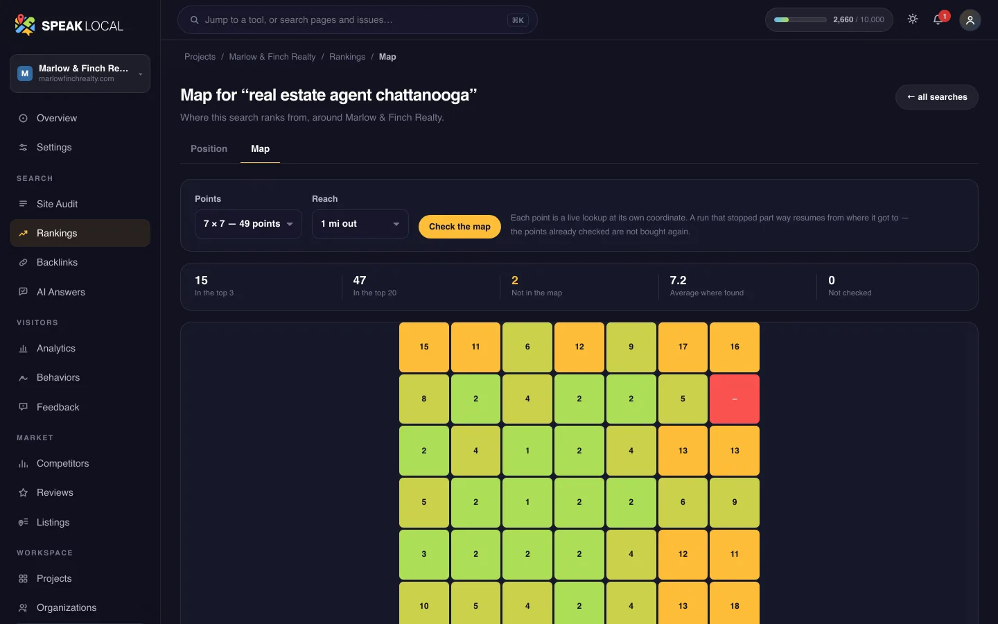 The Map grid screen in Speak Local, for an example real estate team